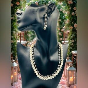 Vintage Pearl & Rhinestone Necklace Earrings Set